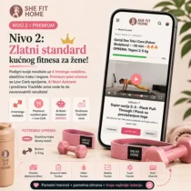 Nivo 2 Premium program kućnog fitnesa za žene sa elastičnim trakama, bučicama i AI Nutri Asistentom platforme She Fit Home.