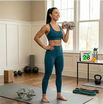 Fitnes trenerkinja izvodi jednoručni biceps pregib bučicom kod kuće sa osmehom, oprema za trening gluteusa u pozadini. She Fit Home.