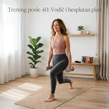 Fit žena u ranim četrdesetim godinama radi lunge sa laganim bučicama u minimalističkom domu