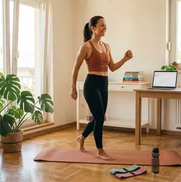 Mlađa žena u sportskoj odeći izvodi brzi hod trening u mestu na prostirci u dnevnoj sobi