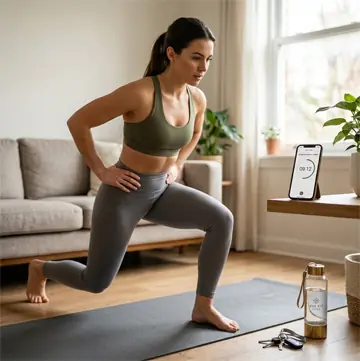 Žena u lunge pozi na prostirci prateći 10-minutni brzi trening kod kuće preko telefona sa tajmerom na minimalističkoj She Fit Home aplikaciji.