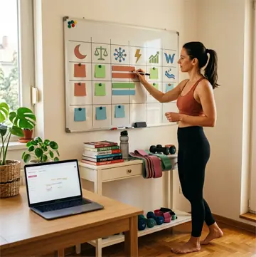 Žena organizuje nedeljni plan vežbanja pomoću simbola u boji na tabli i aplikacije na laptopu