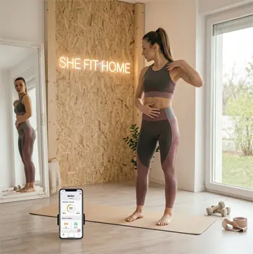 Devojka u sportskoj opremi drži telefon i nasmejana gleda svoje rezultate i napredak u ogledalu home studija.
