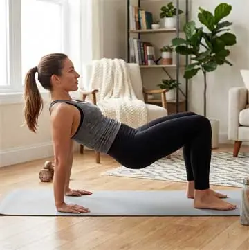 Žena u sportskoj opremi izvodi glute most na prostirci, primer za najbolji trening za gluteus kod kuće za žene.