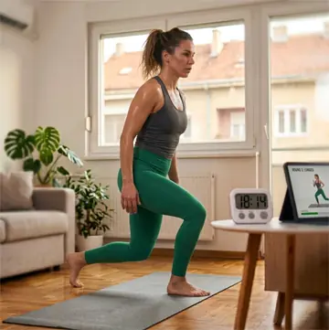 Žena u zelenim helankama radi skok iskorake na prostirci, prateći najbolji trening za mršavljenje i najefikasniji program za skidanje masnih naslaga kod kuće preko tableta sa tajmerom.