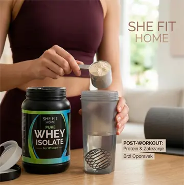 Devojka sipa SHE FIT HOME Pure Whey Isolate protein posle treninga kod kuće za zatezanje i mršavljenje.