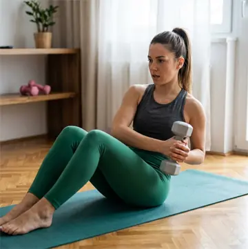 Zadovoljna žena u sportskoj odeći na prostirci u dnevnoj sobi drži fitnes rekvizite i radi vođeni trening kod kuće za mršavljenje.