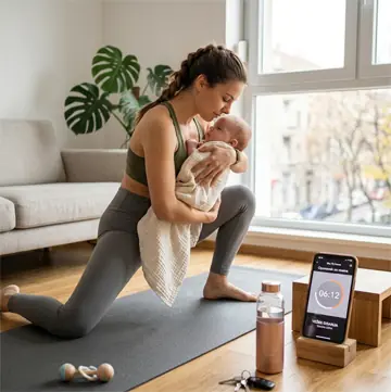 Mlada mama na prostirci drži bebu i radi lagani iskorak kao bezbedan trening posle porođaja kod kuće prateći aplikaciju She Fit Home.
