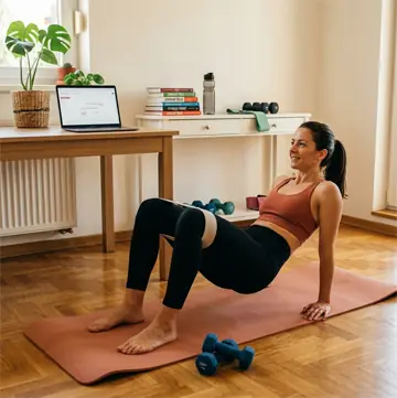Mlađa žena radi vežbu za gluteus na prostirci sa elastičnom trakom prateći program na laptopu kod kuće