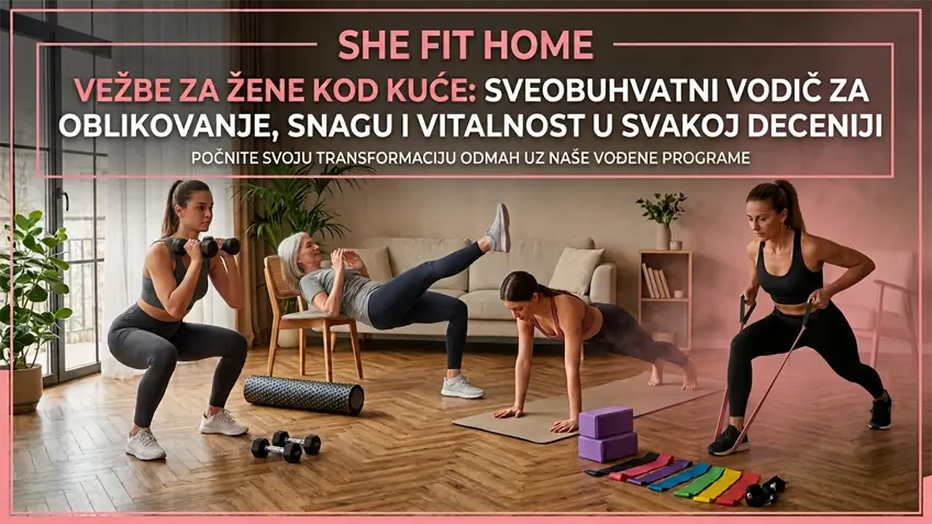 Prikaz osnovnih vežbi za žene kod kuće uključujući čučanj sa tegovima, plank i vežbe sa elastičnom trakom