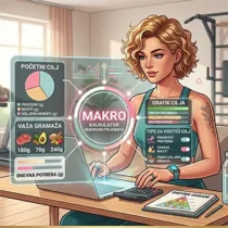 Grafički prikaz za kalkulator makronutrijenata sa pregledom dnevnog unosa proteina, masti i ugljenih hidrata u gramima.