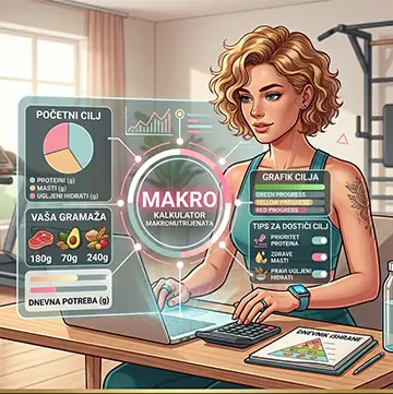 Grafički prikaz za kalkulator makronutrijenata sa pregledom dnevnog unosa proteina, masti i ugljenih hidrata u gramima.