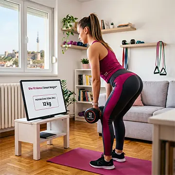 Devojka radi RDL sa bučicama od 12 kg kod kuće prateći kalkulator težina She Fit Home